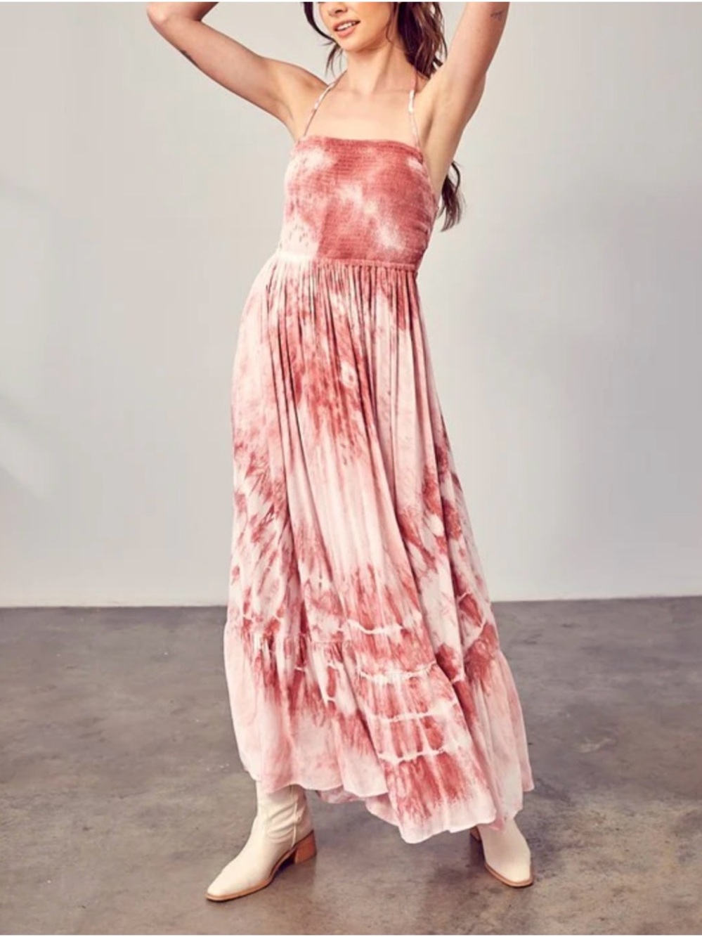 Mustard Seed Pink White Tie Dye Smocked Maxi Dress SpaghettiStrap SizeS Festival